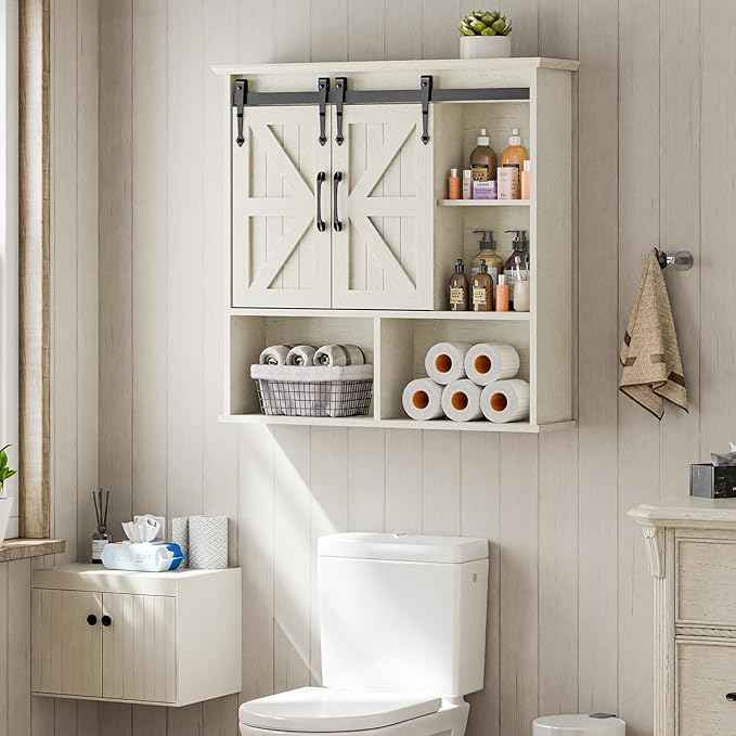 Vabches Bathroom Wall Cabinet, Farmhouse Medicine Cabinet with Double Sliding Barn Door and Adjustable Shelves, Wooden Vintage Storage Cabinet Wall Mounted for Bathroom, Kitchen Dining, White