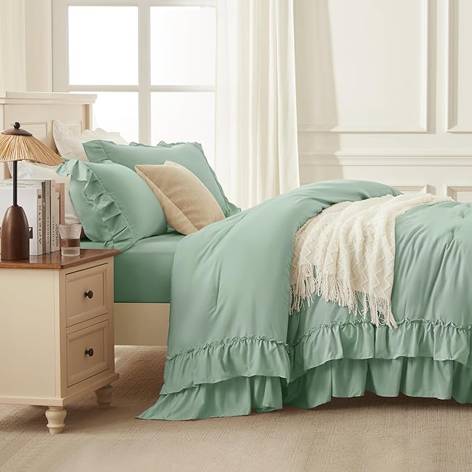 Andency Sage Green Full Size Comforter Set, 3 Pieces Farmhouse Shabby Chic Ruffle Bedding Comforter Sets, Lightweight Fluffy All Season Soft Microfiber Boho Bed Set(79x90Inch)