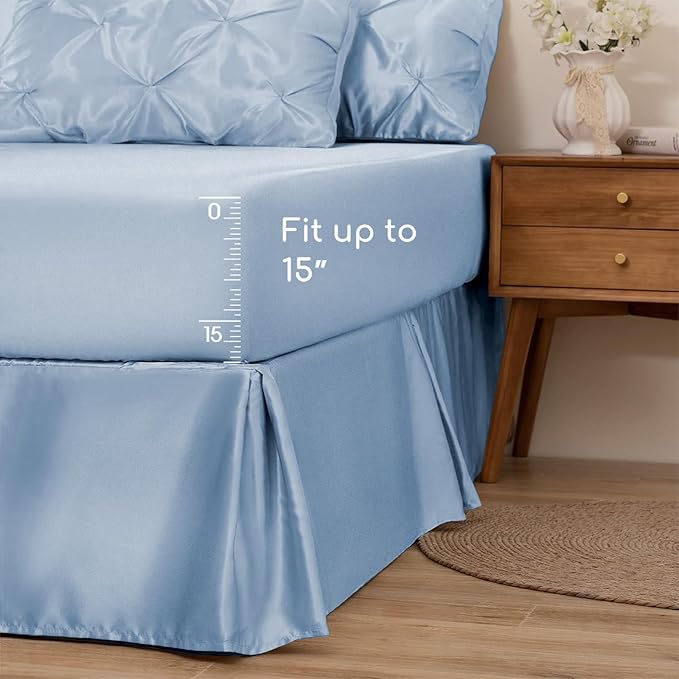 MR&HM Satin Comforter Queen 7 Pieces - Luxurious Pinch Pleat Bedding Set with Comforter, Flat Sheet, Fitted Sheet, Pillowcases & Shams, Super Silky Soft Bed Set for All Season (Queen, Blue Haze)