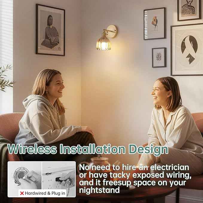 Vintage Battery Operated Wall Sconce with Amber Tulip Glass Lampshade Rechargeable Battery Powered Wall Light with Remote Control for Bedside Bedroom Doorway, Set of 2