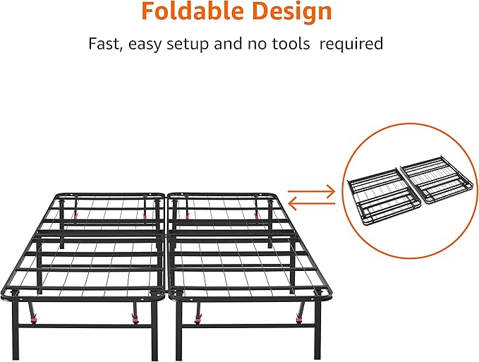 Amazon Basics Bed Frame with Storage, Foldable Metal Platform, Sturdy Steel, No Box Spring Needed, 14 inches High, Tool-Free Easy Assembly, Noise-Free, King Size, Black