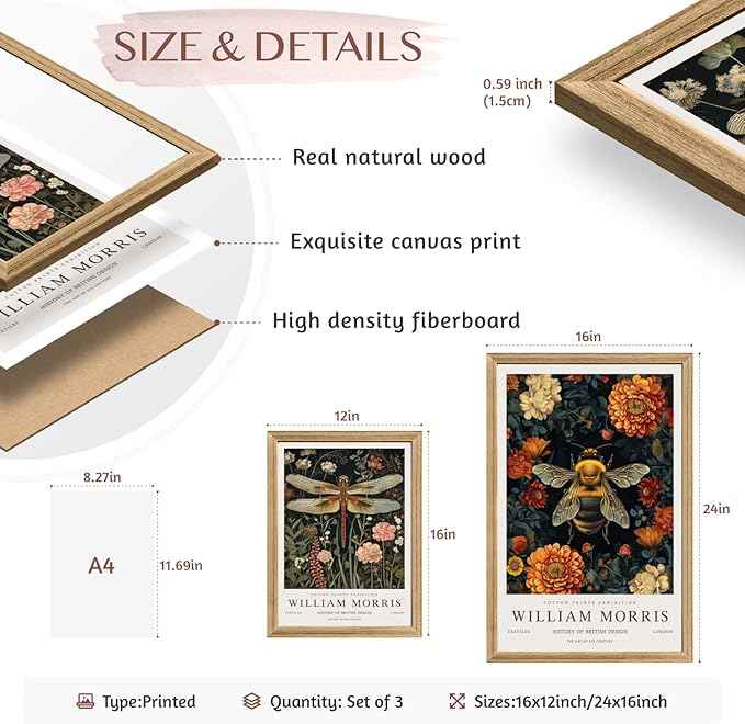 Hianan William Morris Animal Botanical Canvas Wall Art, Vintage Dragonfly Bee Butterfly Poster Prints, Maximalist Nature Flower Aesthetic Pictures for Living Room Bedroom Wood Framed 16"x24"x3
