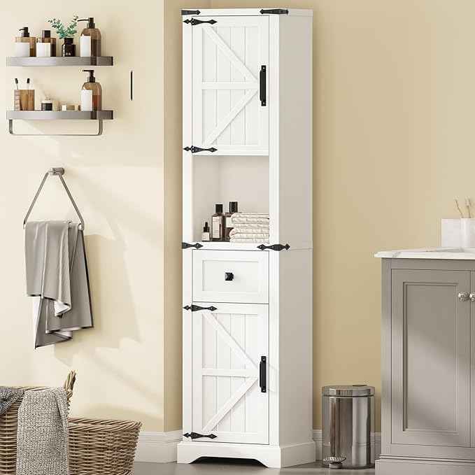 66" Tall Farmhouse Bathroom Storage Cabinet with Barn Doors and Drawer, Narrow Storage Unit, Adjustable Shelves & 5-Tier Space, Freestanding Cabinet for Bathroom, Living Room, Kitchen,Cream White