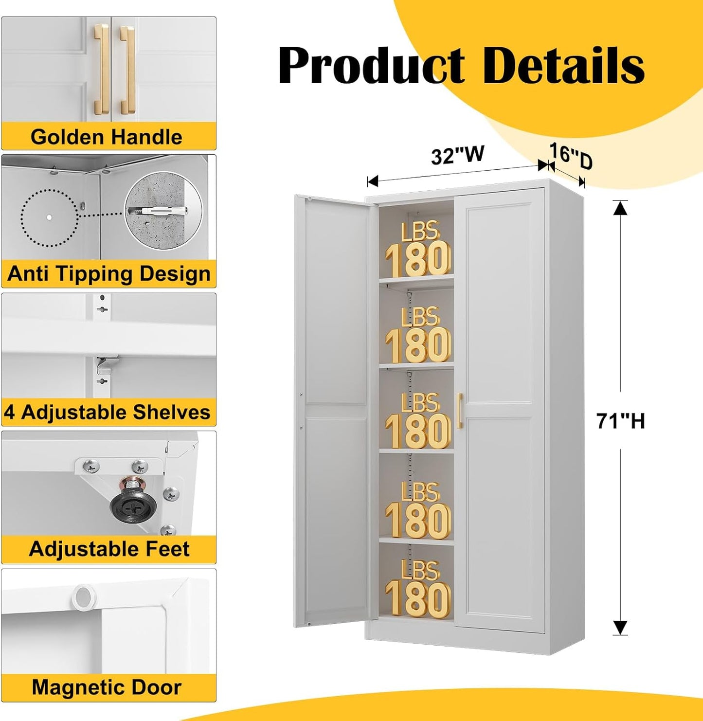 Kitchen Pantry Cabinet,71”White Metal Pantry Storage Cabinet with Doors and 4 Adjustable Shelves,Kitchen Cabinet with 2 Gold Handles,Tall Cabinet for Livingroom,Pantry, Bathroom,Kitchen - Décor Diaries