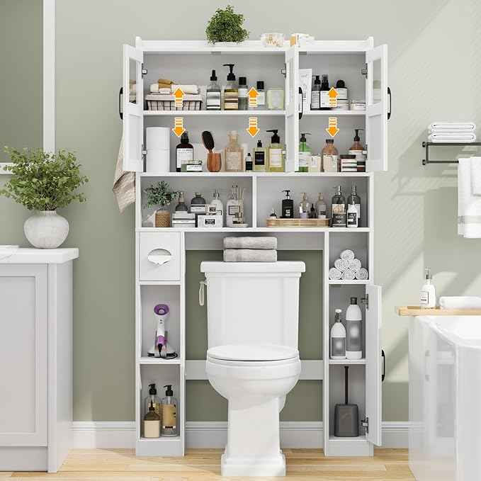 Over The Toilet Cabinet,Farmhouse Toilet Cabinet Rack with 3 Acrylic Doors and Adjustable Storage Shelf,Space Saving Bathroom Organizer with Toilet Paper Holder Stand for Restroom, Laundry，White