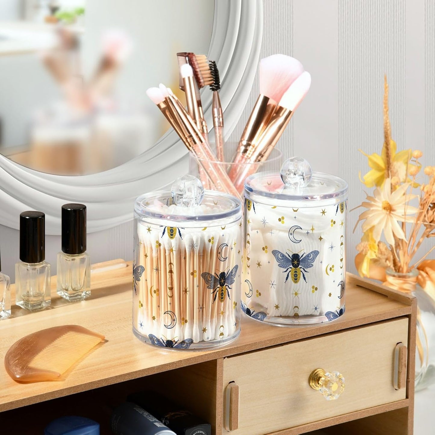 2 Pack Qtip Holder Organizer Dispenser Bee Boho Honeybee Insect Bathroom Storage Canister Cotton Ball Holder Container for Cotton Pads/Swabs/Floss