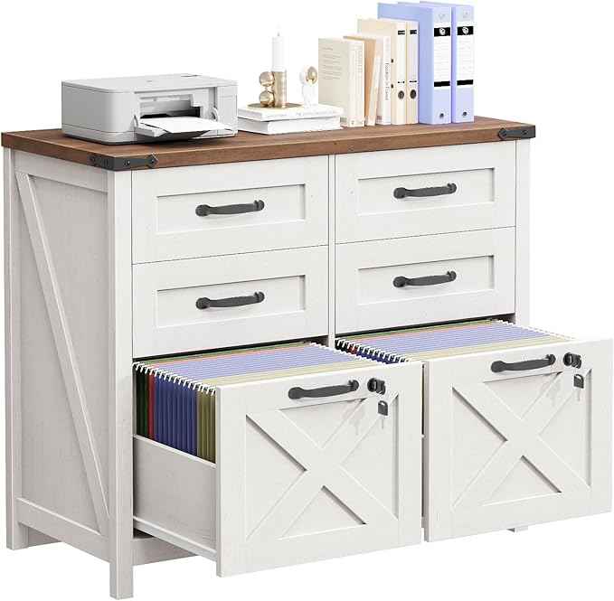 Vabches Lateral File Cabinet with 6 Drawers, Farmhouse File Cabinet with Lock for Letter/A4 Size, Large Wood File Storage Cabinets Printer Stand for Home Office Cabinets, Rustic White