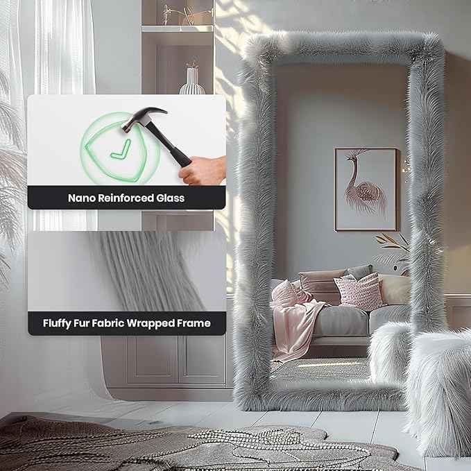 Full Length Mirror Free Standing Furry Faux Fur Framed Full Body Floor Mirror Wall Mounted Leaning Hanging Wall for Bedroom Hallway Entrance, 63"x24", Gray