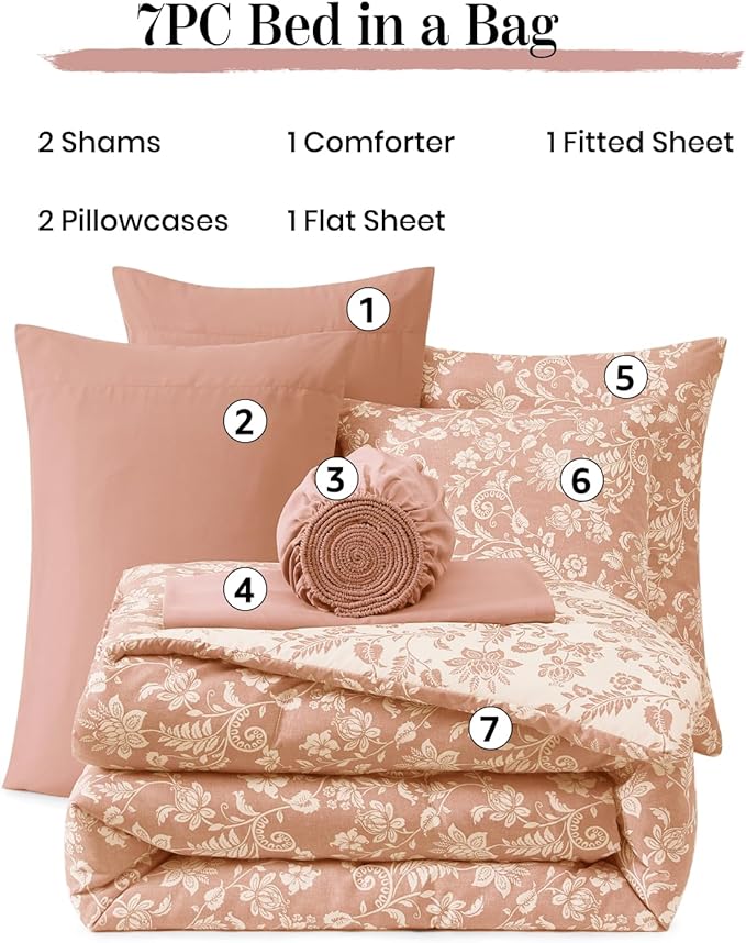 King Comforter Set -7 Pieces Clay Pink Floral Comforter Set for All Seasons, Bed in a Bag King with Botanical Flowers Comforter, Sheets, Pillowcases & Shams
