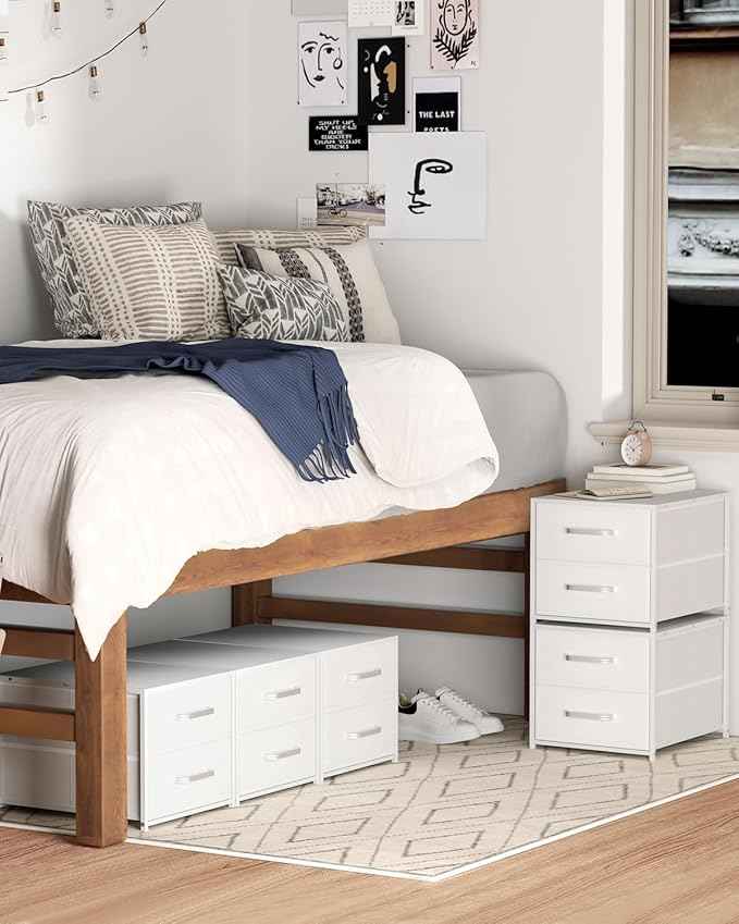 Stackable Storage Drawers - 2 Tier Closet Drawers, Closet Organizer with Metal Handles, Night Stand with Collapsible Bins, Fabric Dresser for Bedroom, Dorm, Office, White, 1 Pack