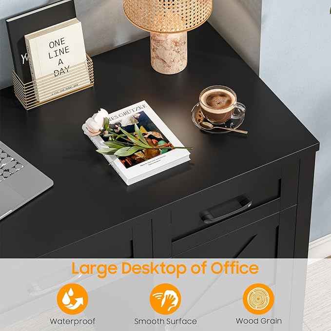 Vabches Farmhouse 55" Executive Desk,Computer Desk with 3 Drawers and Storage Cabinet,Home Office Desk for Work and Study. Pure Black