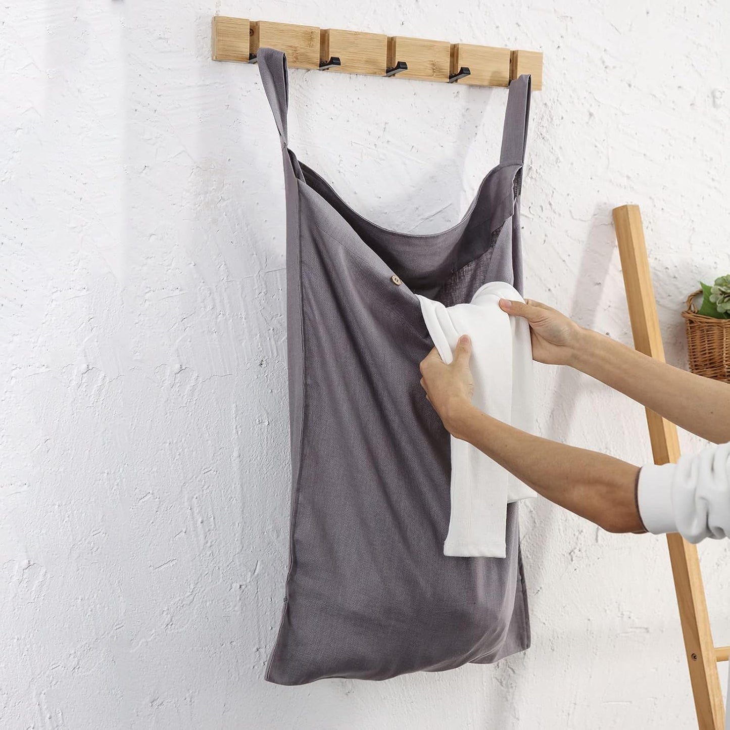 Linen Hanging Laundry Bag, 100% Linen Over The Door Laundry Hamper with Buttons and Zipper, Space Saving Door Hampers for Laundry Dirty Clothes Home Travel, Grey