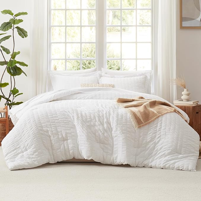 CozyLux King Size Comforter Set White Seersucker 7 Pieces Bed in a Bag King Comforter Set with Sheets, Luxury Soft Bedding Set with Down Alternative Comforter, Sheets, Pillowcases & Shams All Seasons