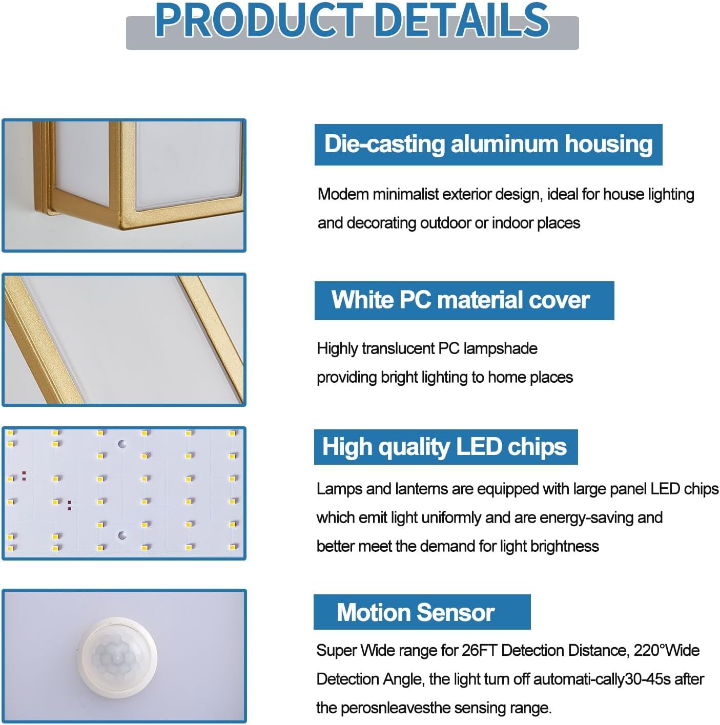 Motion Sensor Outdoor Wall Sconce LED 30W Aluminum - Gold Modern Exterior Light Fixture, 3000K Warm,IP65 Waterproof Rectangular Porch Lighting,for Patio,Garage,Front Door