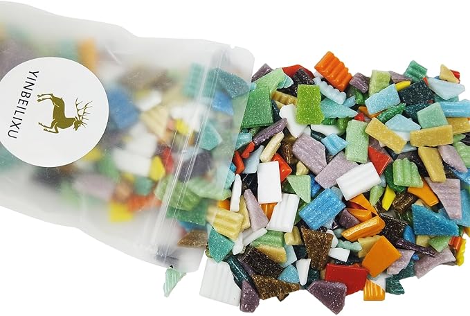 Mosaic Tiles, Glass Mosaic Pieces, 2x2cm Wavy Square Tiles, Mosaic Kits, Glass Mosaic Tiles for Crafts DIY Art, Frames, Vases Filler, Home Decor, 410g/14.5oz (Crushed Mixed Color)