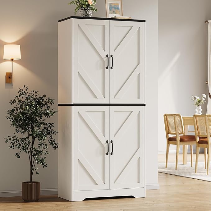 IDEALHOUSE 70" Kitchen Pantry Storage Cabinet, Farmhouse Kitchen Cabinet with 4 Doors & 3 Adjustable Shelves, Freestanding Cupboard for Dining Room,Living Room,White
