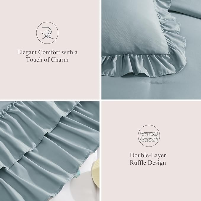 Full Comforter Set Dusty Blue, Ruffle Shabby Chic Bedding Set Farmhouse 7 Pieces, All Season Fluffy Bed in a Bag with Sheets, Pillowcases & Shams