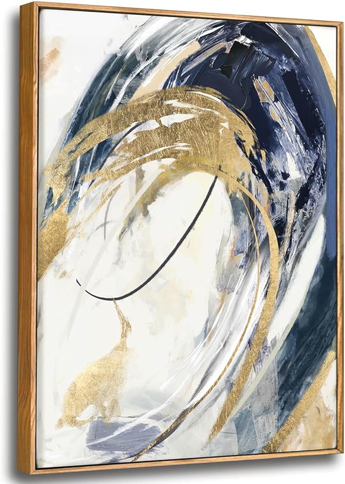 SDYA Gold Wall Decor Living Room Abstract Wall Art Blue Paintings Bedroom Aesthetic Frame Wall Decorations Large Artwork for Home Office 24x36 Inch