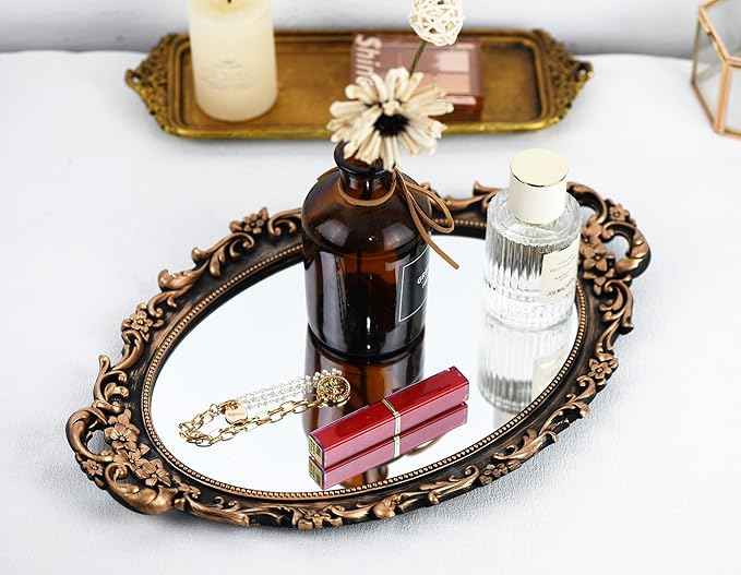 Vintage Decorative Gold Framed Mirror, Wall Hanging Mirrors & Tabletop Tray for Bedroom Living Room Dresser Decor, Oval- 9.6" W x 14.3" L (BRONZE-2PACK)