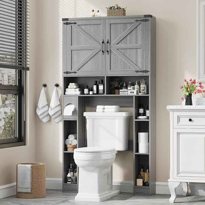 Vabches Over The Toilet Storage Cabinet, Farmhouse Storage Cabinet Over Toilet with 2 Barn Doors ，Toilet Paper Holder Stand，Home Space-Saving Toilet Rack, for Laundry, Restroom, Bathroom.Grey.