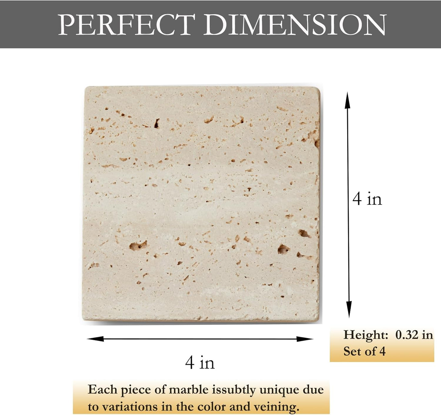 Marble Coasters – Set of 4 –Beige Travertine Bar Coasters for Drinks, Coffee –Stone Holder for Home Décor, Housewarming Gifts (Square)