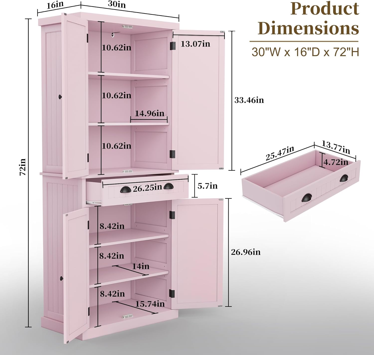 ARTPOWER 72" Tall Kitchen Pantry Storage Cabinet with Drawer and Adjustable Shelves, Pantry Cabinet for Kitchen, Bathroom or Hallway, Pink - Décor Diaries