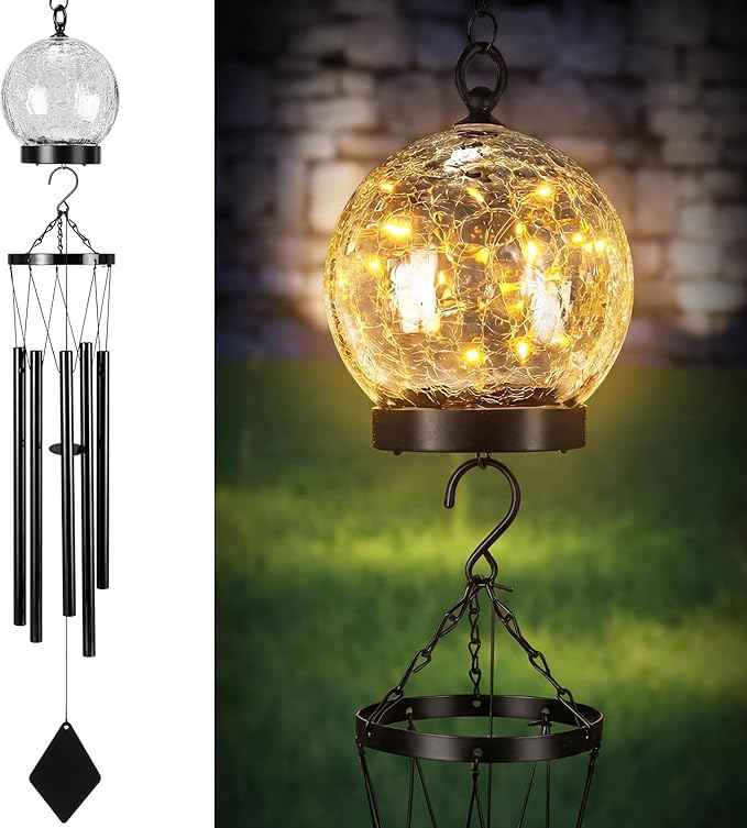 BreezeHug Solar Wind Chimes Outdoor Lights 42 Inch Large Sympathy Gift Chime 15 LED Twinkle Warm White Crackled Glass Ball Hanging Lantern Gifts for Birthday Garden Yard Patio Landscape Decor