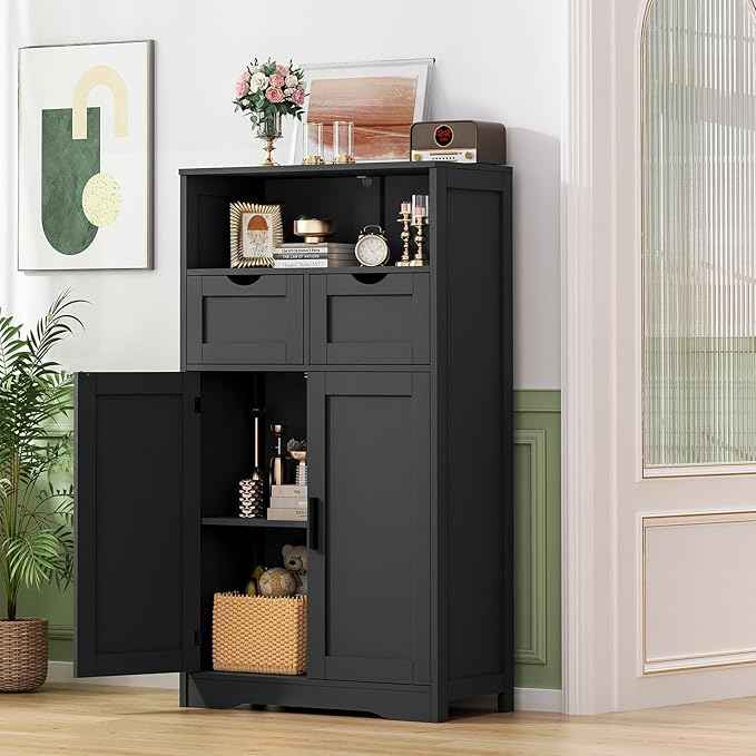 Iwell Storage Cabinet with Doors & Shelves, Kitchen Pantry Cabinet, Bathroom Cabinets for Living Room, Kitchen, Laundry, Black