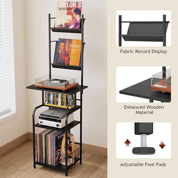 Record Player Stand with Vinyl Storage - 6-Tier Turntable Table with Adjustable Feet, Metal & Wood Cabinet - Console Organizer Display Shelf for Living Room, Apartment