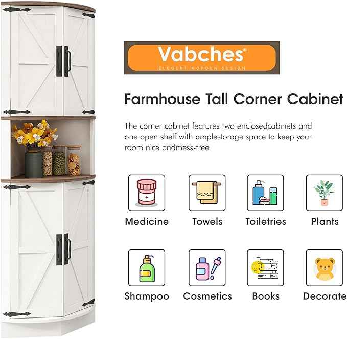 Vabches 64.8" Tall Farmhouse Corner Cabinet with 4 Doors and 5 Storage Shelves, Farmhouse Storage Cabinet with Barn Door Design, Home Space Saver for Living Room, Kitchen, Laundry Room,White