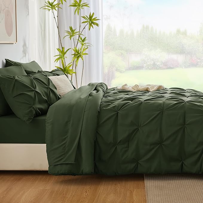 CozyLux Queen Comforter Set Olive Green, 7 Pieces Pintuck Bed in A Bag, Premium Green Comforter Queen Size, Pinch Pleat Bedding Sets with Comforter, Sheets, Pillowcases & Shams