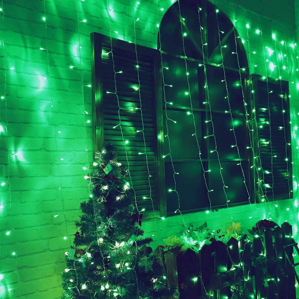 HEYFUNi Fiee Curtain Lights,304L 9.8ftX9.8ft 30V 8Modes Safety Window Lights with Memory for Home Wedding Christmas Party Patio Lawn Garden Bedroom Outdoor Indoor Wall Decorations (304LED, Green)