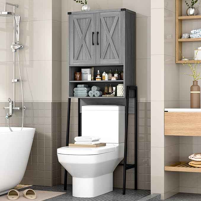 Vabches Over The Toilet Storage Cabinet, Farmhouse Over Toilet Storage Cabinet, Metal Frame with 2 Barn Doors, Home Space-Saving Toilet Rack for Bathroom, Toilet, Laundry Room.