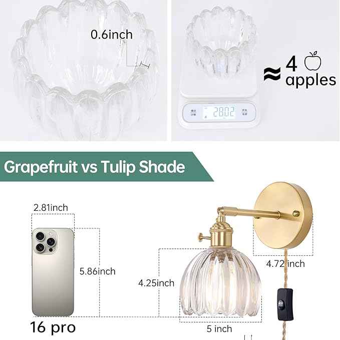 Plug in Wall Sconce, Transparent Tulip Glass Lampshade Wall Light Plugin Corded for Bedside Bedroom Doorway