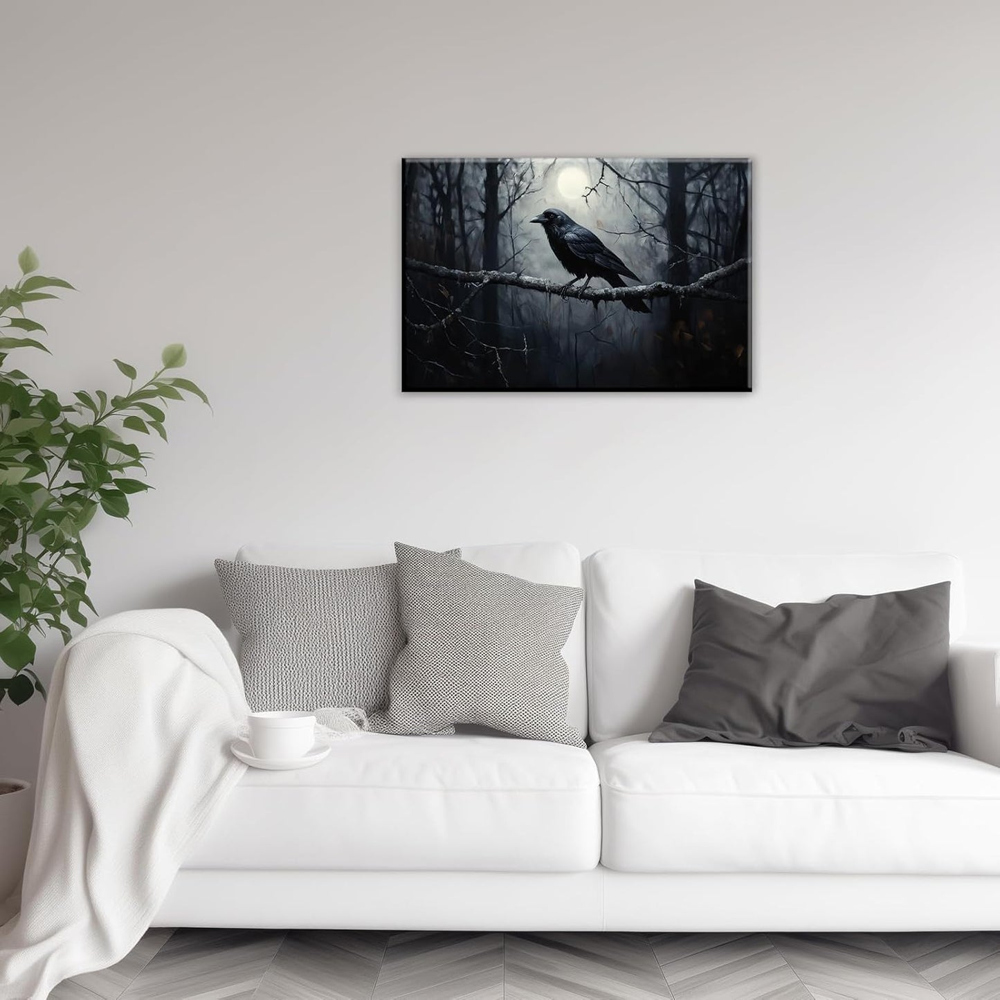 OAAPITI Crow Canvas Wall Art Black Crow Stand On The Branch Picture Print Moonlit Night Poster Vintage Forest Landscape Painting Artwork Living Room Halloween Decor(Artwork-1,24"x36")