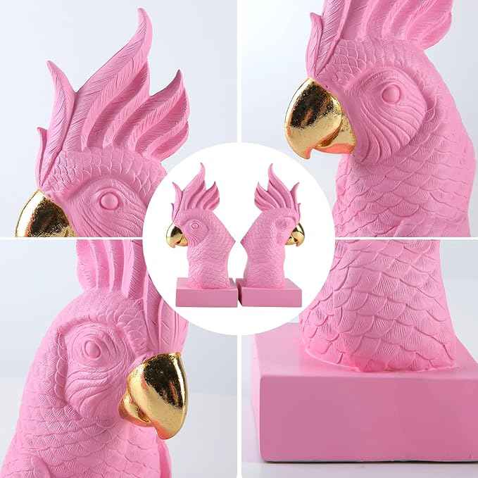 Pink Parrot Decorative Bookends,Set of 2 Cute Bird Animal Sculpture Book Ends to Hold Hevay Duty Books,Unique Resin Statues Book Stopper for Home Office Desk Bookshelf Decor