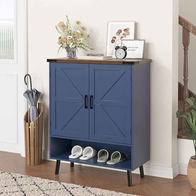 Vabches Farmhouse Shoe Storage Cabinet with Doors, 5 Tier Small Shoe Cabinet with Adjustable Shelves and Metal Legs, 34" Tall Shoe Rack Organizer for Entryway, Foyer, Navy Blue