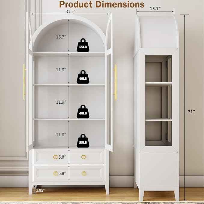 Arched Curio Cabinet with Glass Doors, 4-Tier Display Cabinet with 2 Drawers, Tall Bookcase with 3 Color Lights, Display Case, Kitchen Pantry (White)