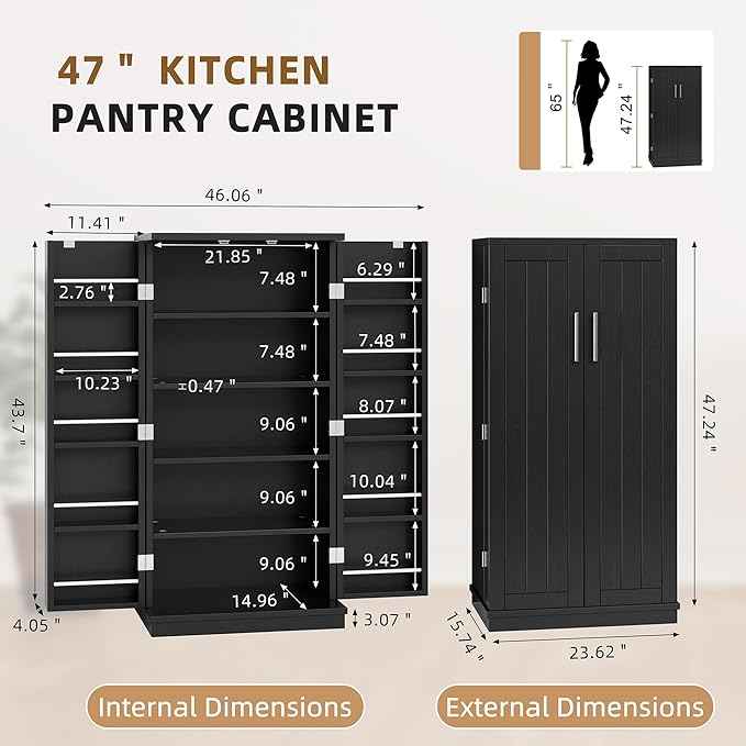 Shintenchi Kitchen Pantry Cabinet,5 - Layer Storage Cupboard with Adjustable Shelves for Organizing and Storing Food Items,47'' Versatile Buffet Sideboard for Kitchen, Bathroom and Laundry,Black