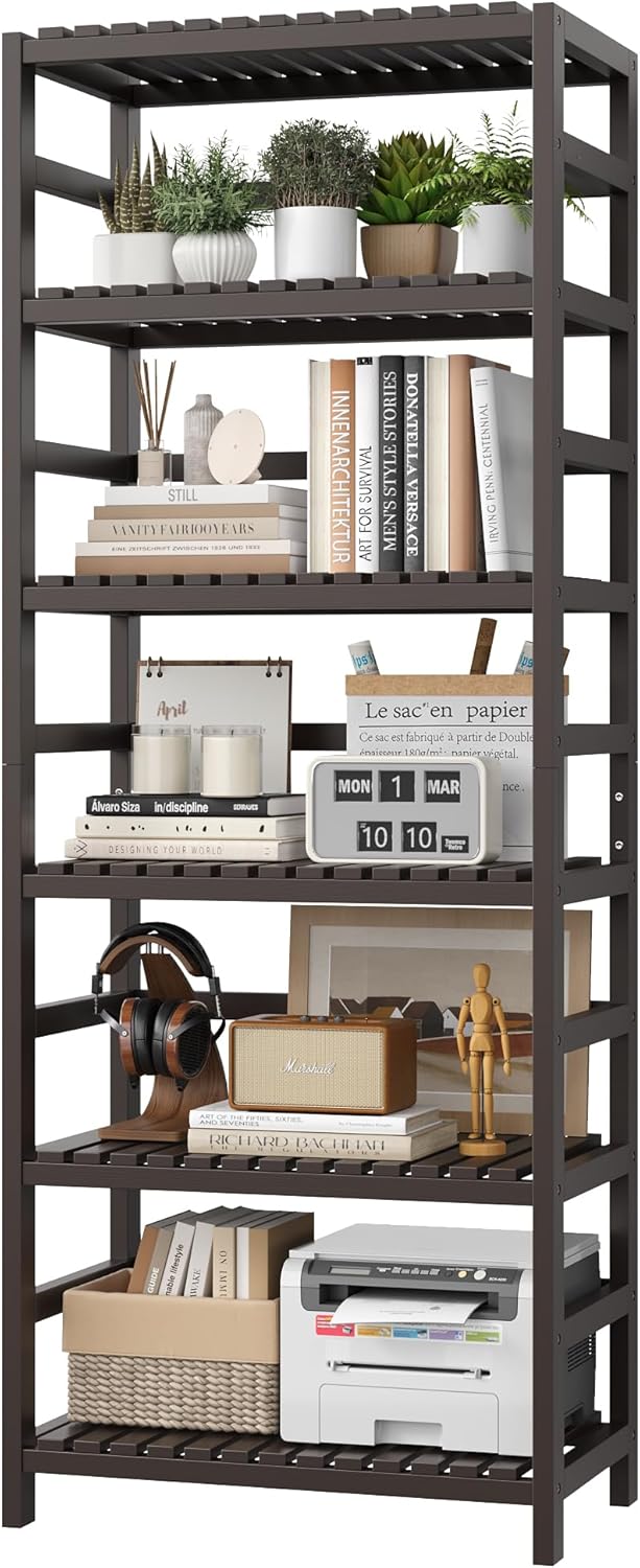 FOTOSOK 6-Tier Bamboo Shelf, Bamboo Bookcase with Adjustable Shelves, Free Standing Storage Shelf Unit, Plant Flower Stand for Kitchen, Bathroom, Home Office, Vintage - Décor Diaries
