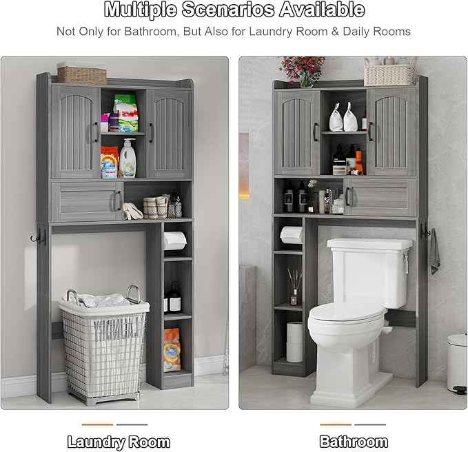 Vabches Farmhouse Over The Toilet Storage Cabinet with 2 Barn Doors & Sliding Door, Over The Toilet Bathroom Organizer with Open Storage Layer and Adjustable Shelves & Hooks.Grey