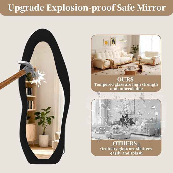 Full Length Mirror, 63"x24" Full Body Mirrors, Flannel Floor Mirrors with Stand, Irregular Wavy Mirror Hanging or Leaning Against Wall for Bedroom Living Room, Black