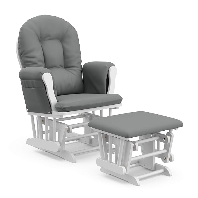 Storkcraft Premium Hoop Glider & Ottoman (White/Gray) — GREENGUARD Gold Certified Nursery Glider, Solid Wood Craftsmanship, Smooth-Gliding, Award-Winning