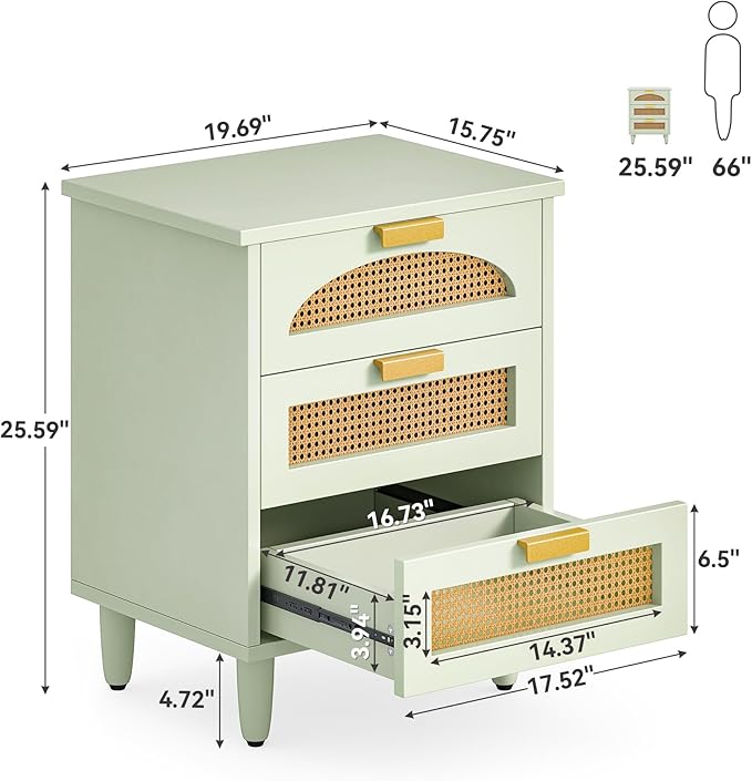 LITTLE TREE Rattan Nightstand Set of 2, Mint Green End Table with 3 Drawers for Couch, Wooden Bedside Table for Bedroom, Easy Assembly