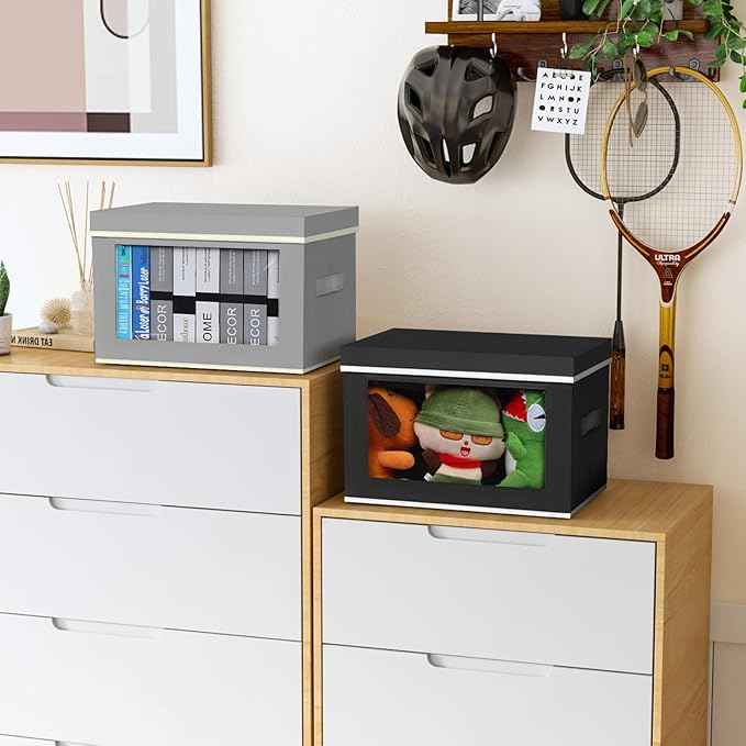 Cube Storage Bins with Lids, Clear Window Storage Baskets for Organizing, Fabric Organizer Bins for Shelves, Closet, Clothes, Towels