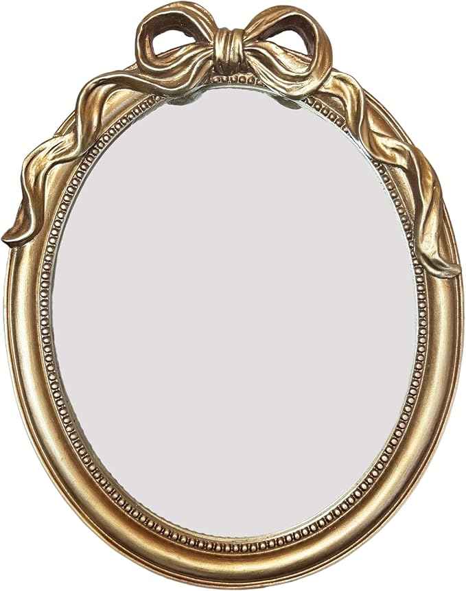 Vintage Vanity Desk Mirror - 13x10 Inch Wall-Mounted & Tabletop Decorative Ornate Champagne Gold Accent Retro Makeup Mirror for Bedroom Dresser Bathroom Living Room Dorm Oval