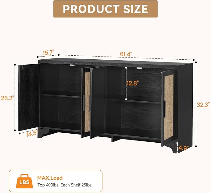 Garvee Natural Rattan Storage Cabinet with Shelves, 4-Door Sideboard Buffet Cabinet, Boho TV Stand Console Table for Living Room, Entryway, Dinning Room