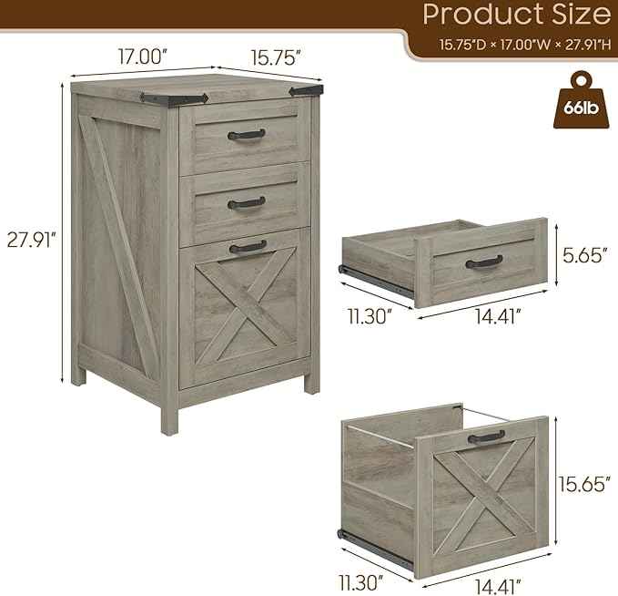 Vabches Vertical File Cabinet with 3 Drawers, Wooden Farmhouse Filing Cabinet for Letter/A4 Size Hanging Files, Under Desk Printer Stand with Storage for Home Office, Grey