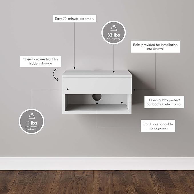 Nathan James Jackson Wall Mounted Floating Bedroom Nightstand with Storage Drawer and Modern Open Shelf Cubby Set of 2, White