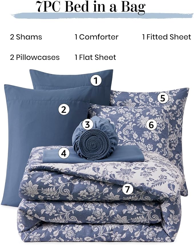 Queen Comforter Set -7 Pieces Floral Oxford Blue Comforter Set for All Seasons, Bed in a Bag Queen with Botanical Flowers Comforter, Sheets, Pillowcases & Shams